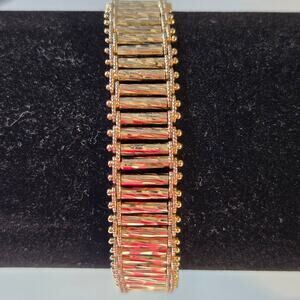 Vintage Gold Tone Etched Ladder Link Tank Tread Bracelet 7"